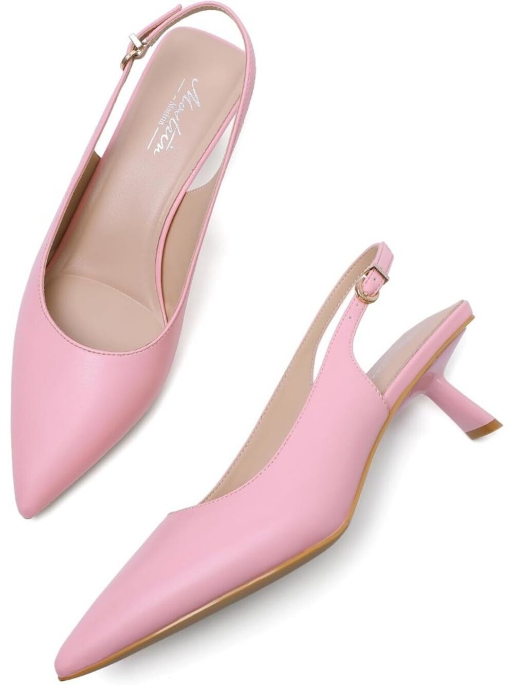 Women's Pointed Toe Patent Leather Pink Low Slingback Heels Buckle Shoes - Picture 4 of 6